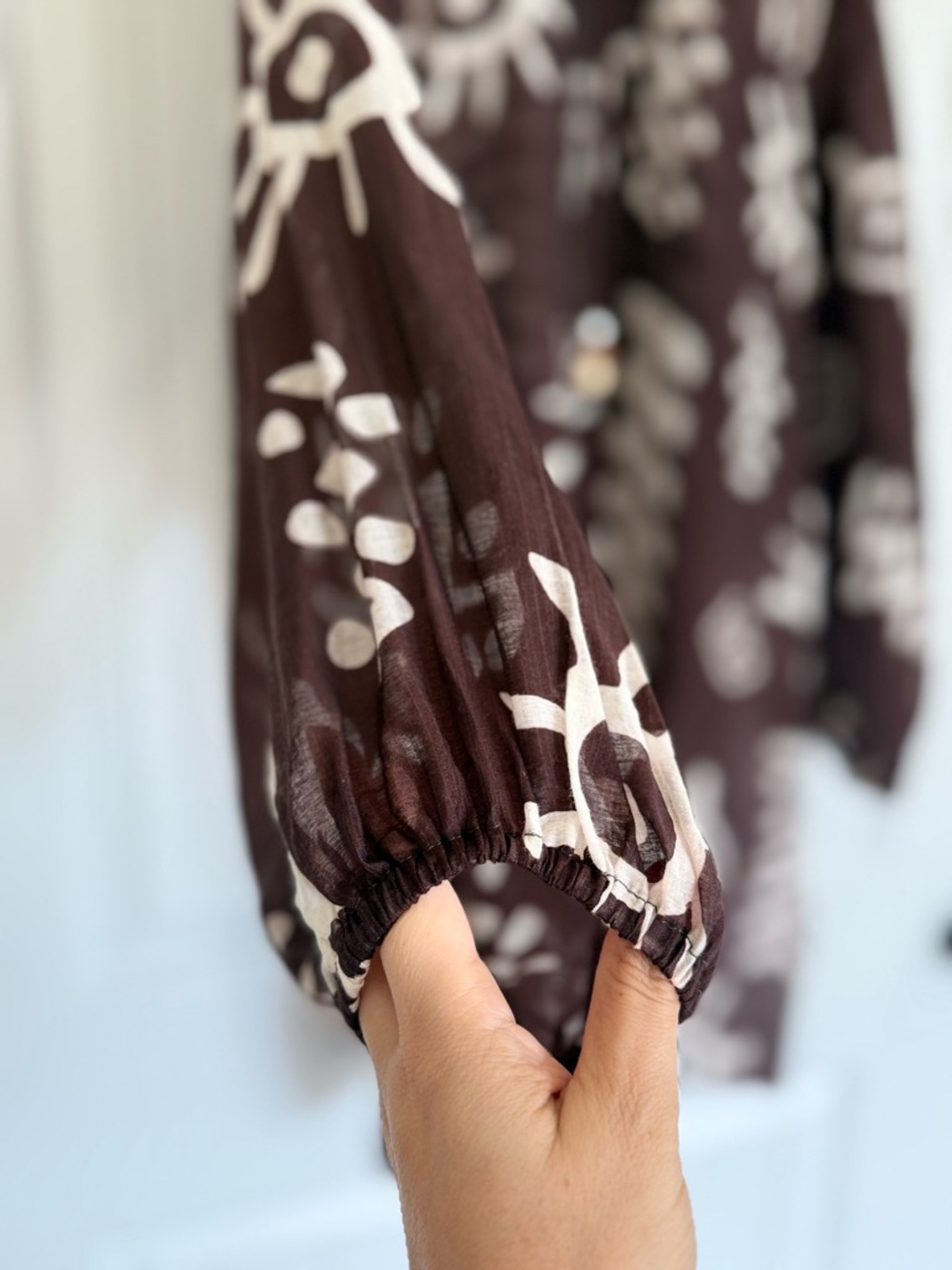 Anthropologie Tie-Neck Printed Mini Kaftan Dress Tunic Brown White Abstract - Picture 4 of 15